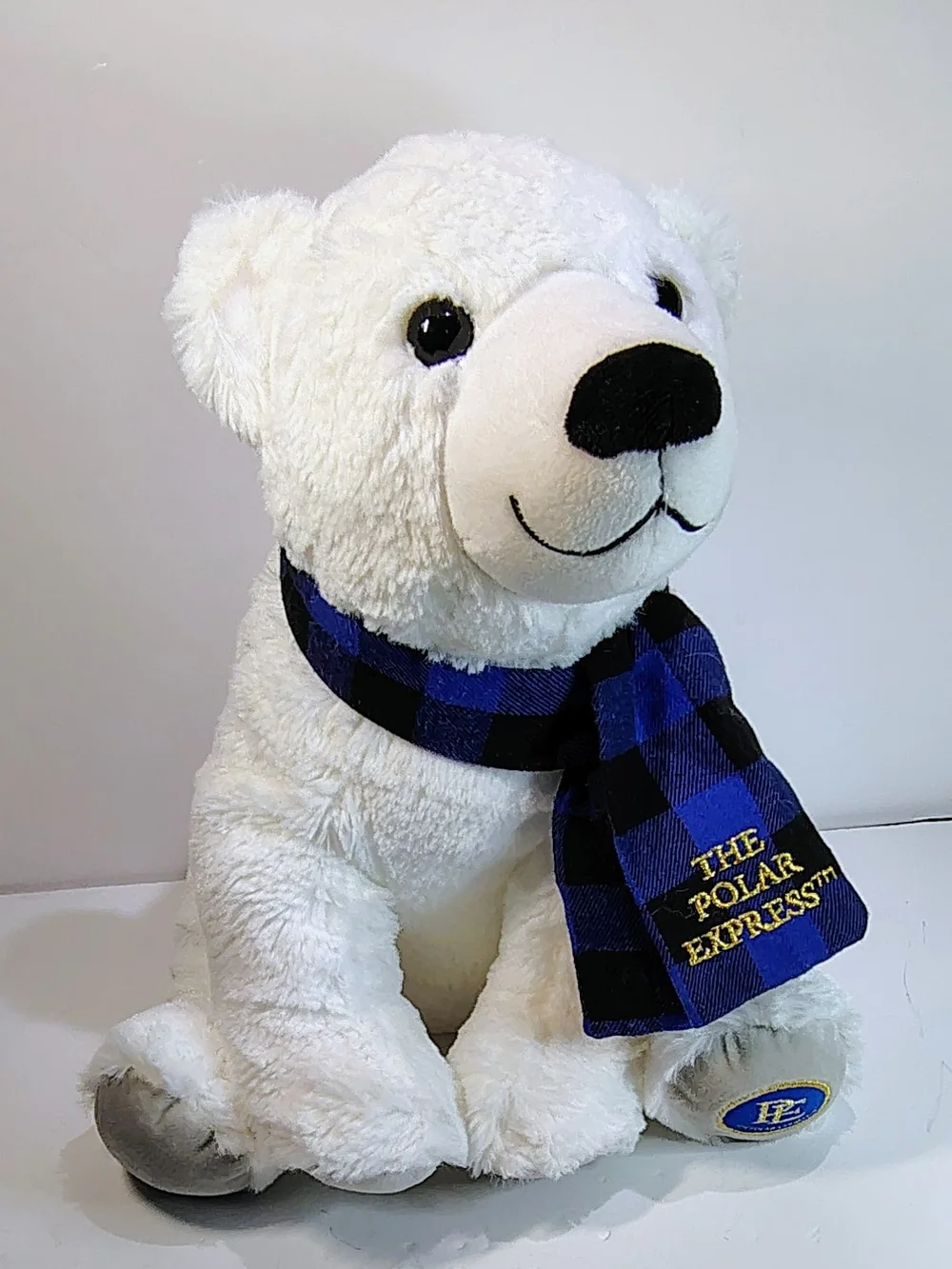 The Polar Express White Polar Bear Plush with Blue Plaid Scarf